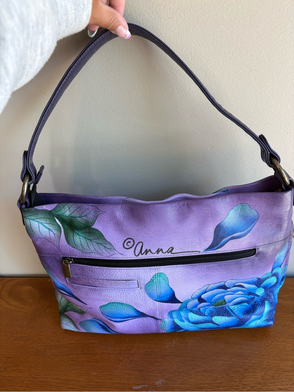 Anuschka Hand-Painted Floral Shoulder Bag - Purple & Blue - Picture 2 of 4